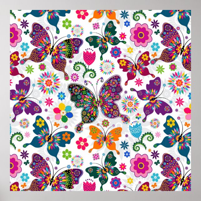 Colourful Retro Butterflies And Flowers Pattern Poster (Front)