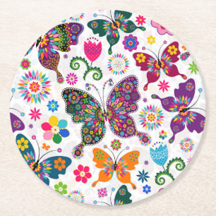 Colourful Retro Butterflies And Flowers Pattern Round Paper Coaster