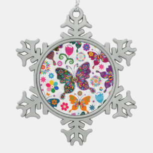 Colourful Retro Butterflies And Flowers Pattern Snowflake Pewter Christmas Ornament