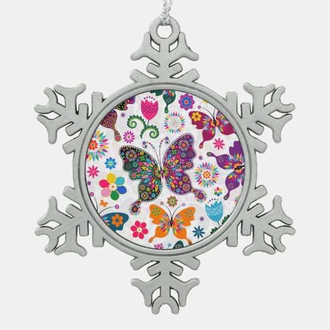 Colourful Retro Butterflies And Flowers Pattern Snowflake Pewter Christmas Ornament (Front)
