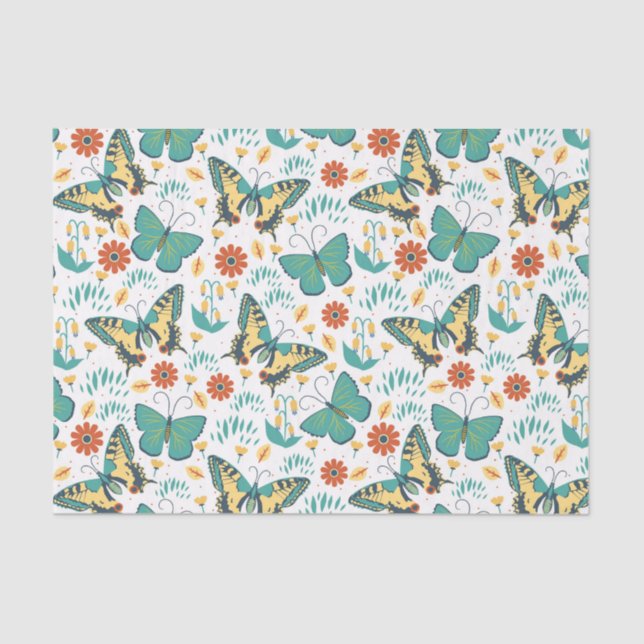 Colourful retro butterflies and flowers pattern tissue paper (Front)