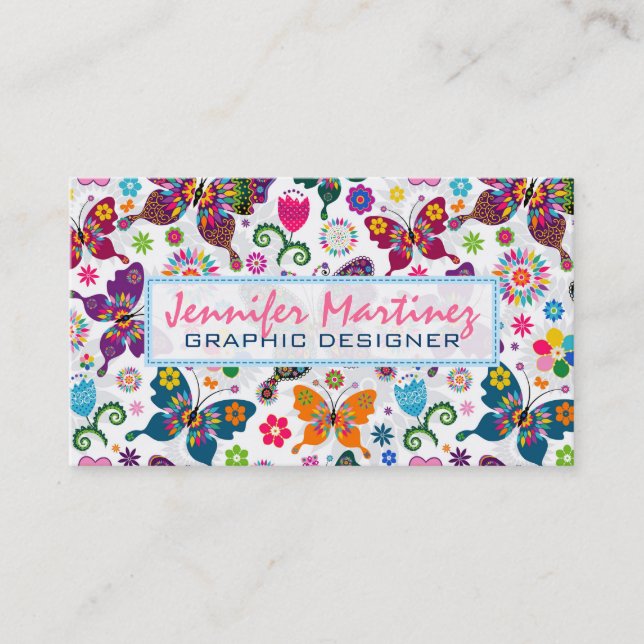 Colourful Retro Butterflies & Flowers Pattern 2 Business Card (Front)