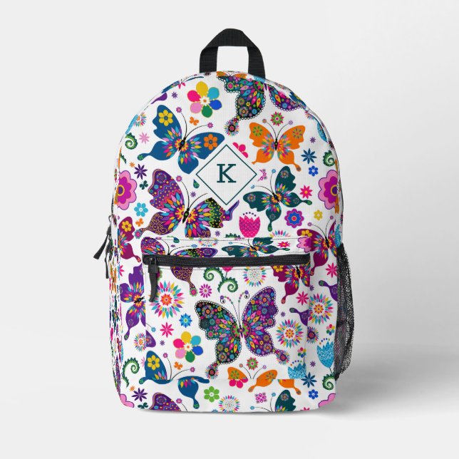 Colourful Retro Butterflies Pattern on White Printed Backpack (Front)