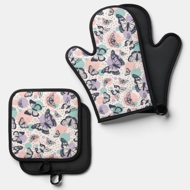 Colourful retro butterflies pattern. oven mitt & pot holder set (Front/Back)