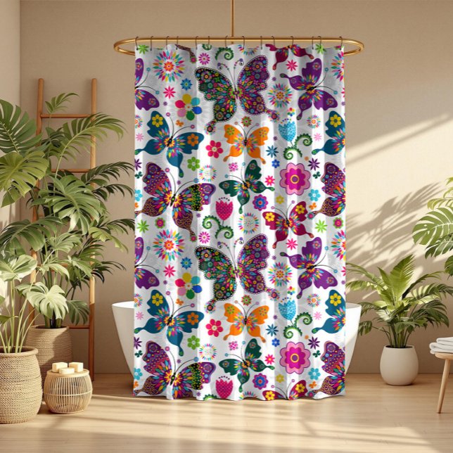 Colourful Retro Butterflies Seamless Pattern Shower Curtain (Creator Uploaded)