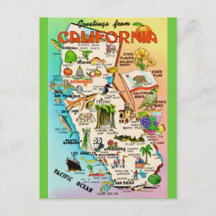  Colourful Retro California Map  Postcard