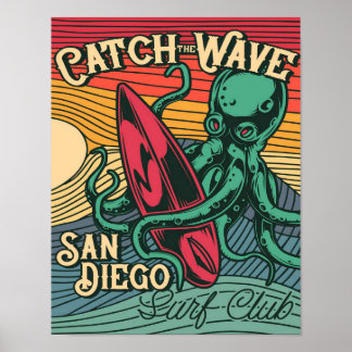 Colourful Retro Catch The Wave Octopus Poster
