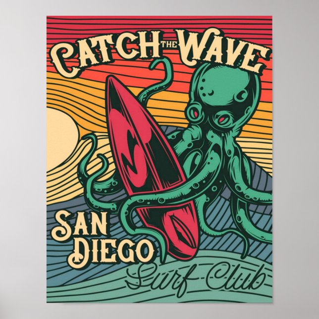 Colourful Retro Catch The Wave Octopus Poster (Front)