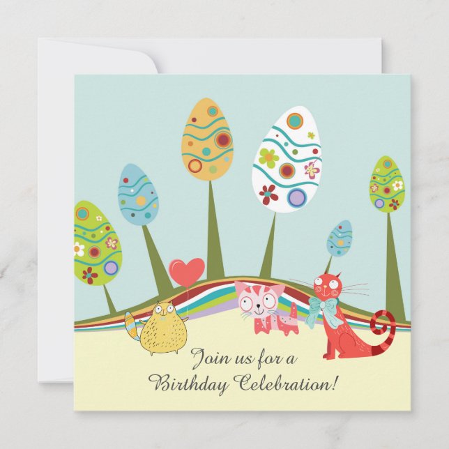 Colourful Retro Cats and Easter Egg Trees Birthday Invitation (Front)
