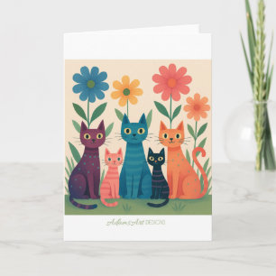 Colourful Retro Cats in Flower Garden – Whimsical Card