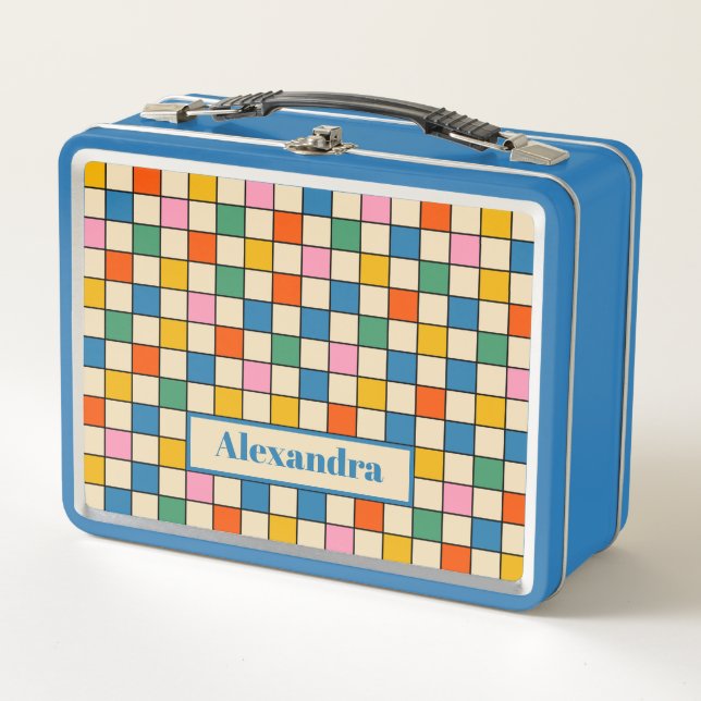 Colourful Retro Chequered Personalised Metal Lunch Box (Front)