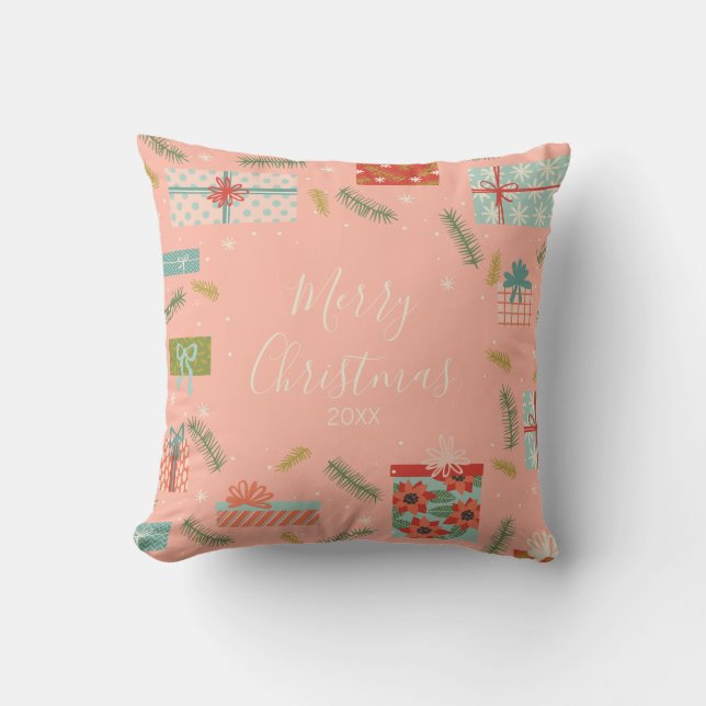 Colourful Retro Christmas Gift Box Holiday Cushion (Front)