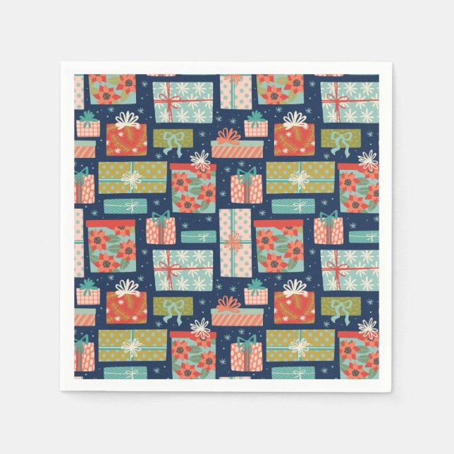 Colourful Retro Christmas Gift Box Holiday Napkin (Front)
