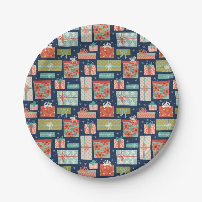 Colourful Retro Christmas Gift Box Holiday Paper Plate (Front)