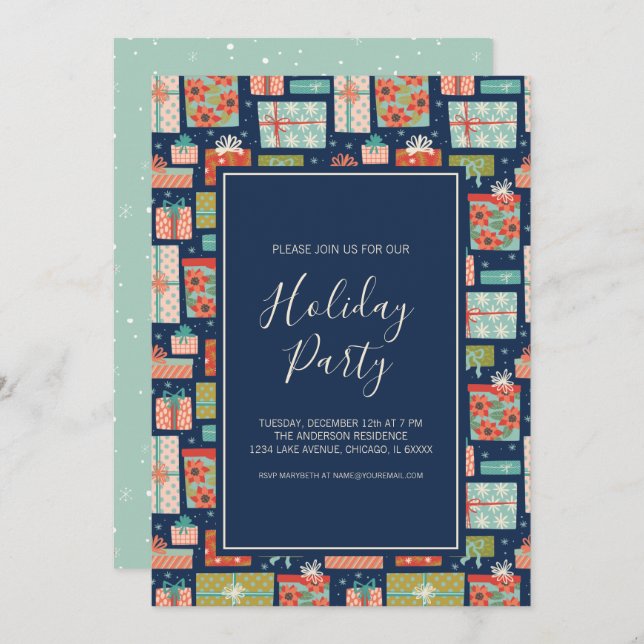 Colourful Retro Christmas Gift Box Holiday Party Invitation (Front/Back)
