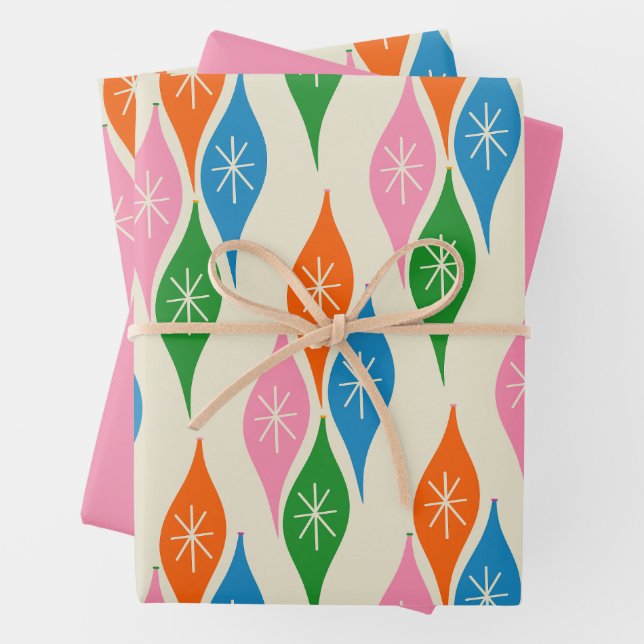 Colourful Retro Christmas Mid Century Ornaments Wrapping Paper Sheet (In situ)