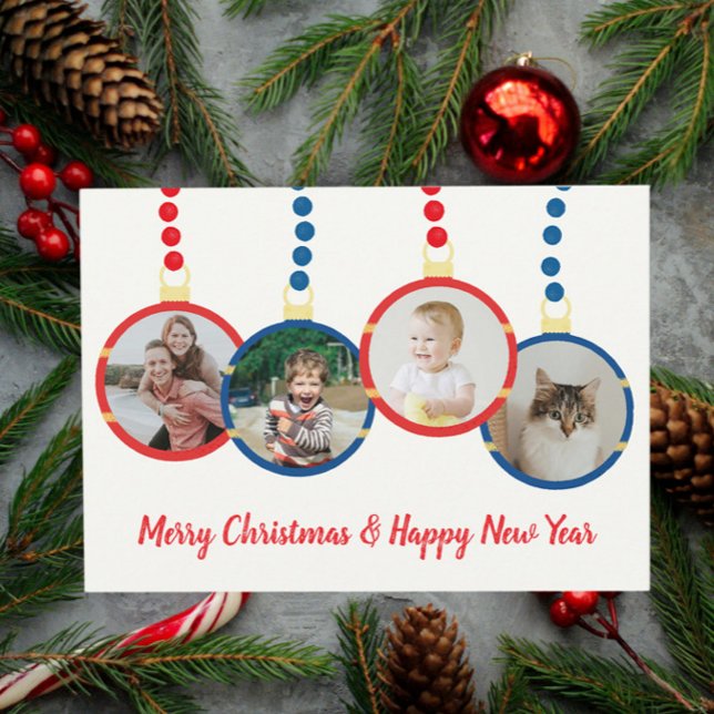 Colourful retro Christmas ornaments photo Holiday Card (Vintage Christmas ornaments photo card with custom text)