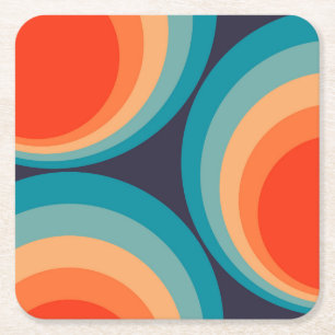 Colourful retro circles design square paper coaster