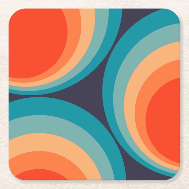 Colourful retro circles design square paper coaster (Front)