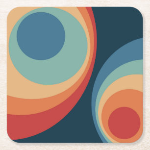 Colourful retro circles design square paper coaster