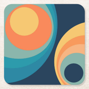 Colourful retro circles design square paper coaster