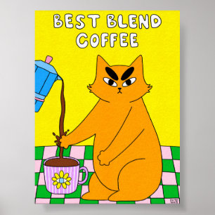Colourful Retro Coffee Cat Illustration Poster