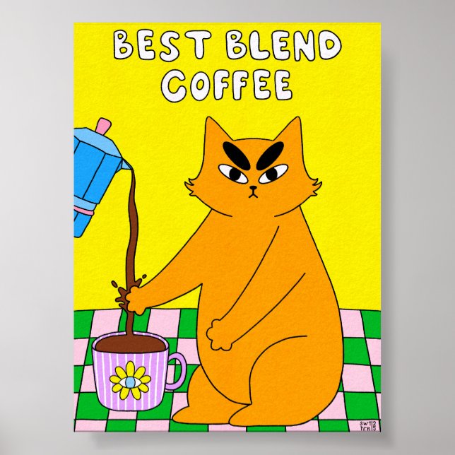 Colourful Retro Coffee Cat Illustration Poster (Front)