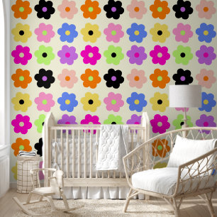 Colourful Retro Daisies Minimalist BOHO Chic Flora Wallpaper