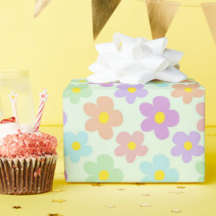Colourful Retro Daisy Floral Green Wrapping Paper