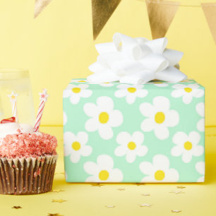 Colourful Retro Daisy Floral Mint Green Wrapping Paper