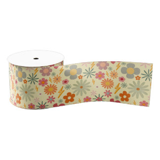 Colourful Retro Daisy Flowers design pattern Ribbo Grosgrain Ribbon