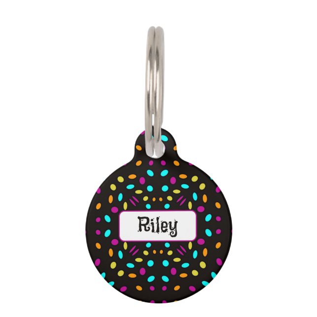 Colourful retro dots 80s inspired black pet tag (Front)