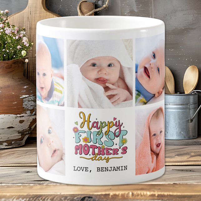Colourful Retro First Mother's Day Photo Collage Coffee Mug (Creator Uploaded)
