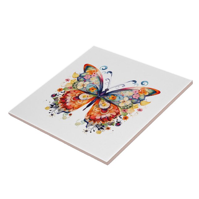 Colourful retro floral butterfly ceramic tile (Side)