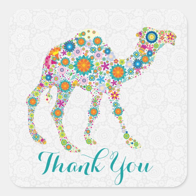 Colourful Retro Floral Camel Thank You Square Sticker (Front)