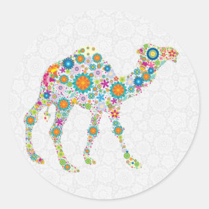Colourful Retro Floral Camel & White Damasks Classic Round Sticker