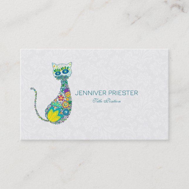 Colourful Retro Floral Cat & White Damasks Business Card (Front)