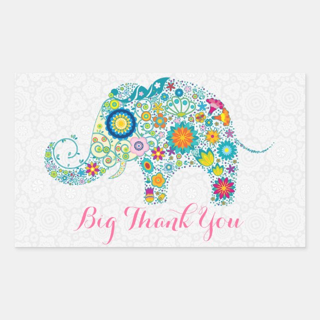 Colourful Retro Floral Elephant 2 & Black Damasks Rectangular Sticker (Front)