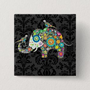 Colourful Retro Floral Elephant & Birds 15 Cm Square Badge