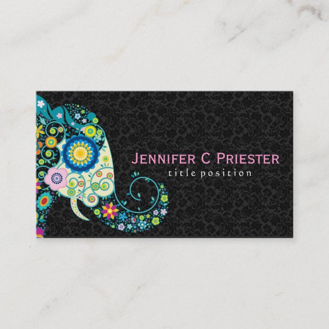 Colourful Retro Floral Elephant & Black Damasks Business Card (Front)