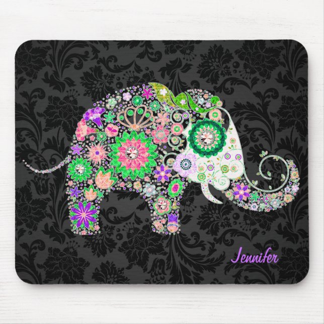 Colourful Retro Floral Elephant & Diamonds 3 Mouse Pad (Front)