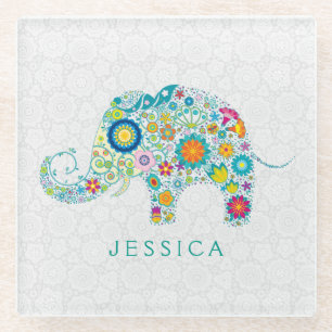 Colourful Retro Floral Elephant Illustration Glass Coaster