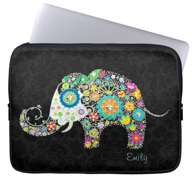 Colourful Retro Floral Elephant Laptop Sleeve (Front)