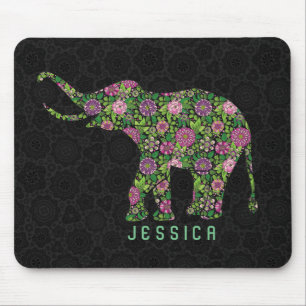 Colourful Retro Floral Elephant Monogramed Mouse Pad