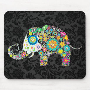 Colourful Retro Floral Elephant Mouse Pad