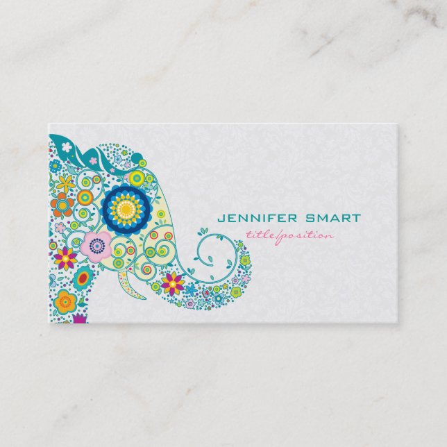 Colourful Retro Floral Elephant & White Damasks Business Card (Front)