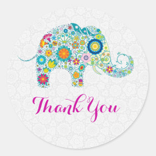 Colourful Retro Floral Elephant & White Damasks Classic Round Sticker