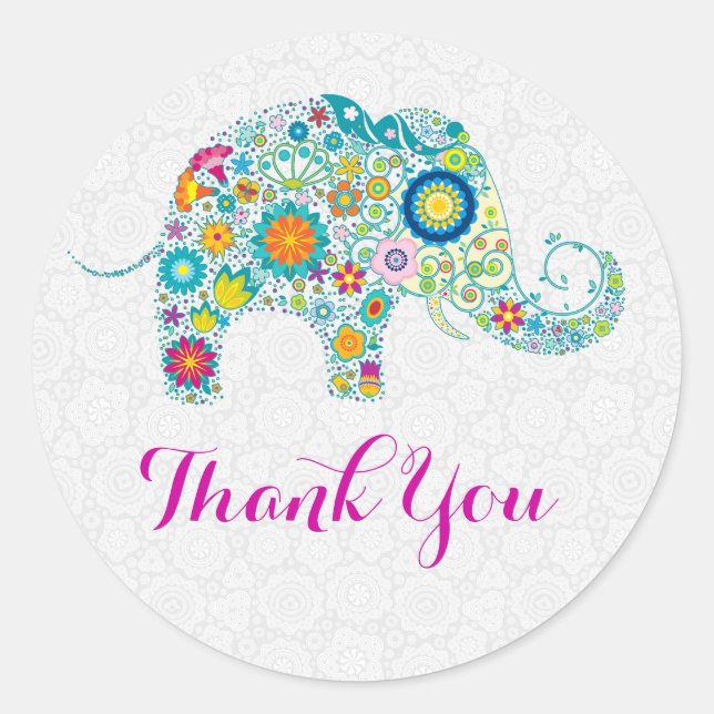 Colourful Retro Floral Elephant & White Damasks Classic Round Sticker (Front)