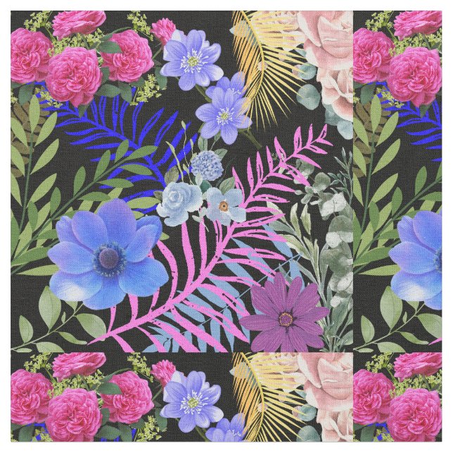 Colourful Retro Floral Fern Botanical Foliage  Fabric (Close Up)