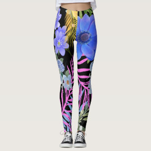 Colourful Retro Floral Fern Botanical Foliage Leggings